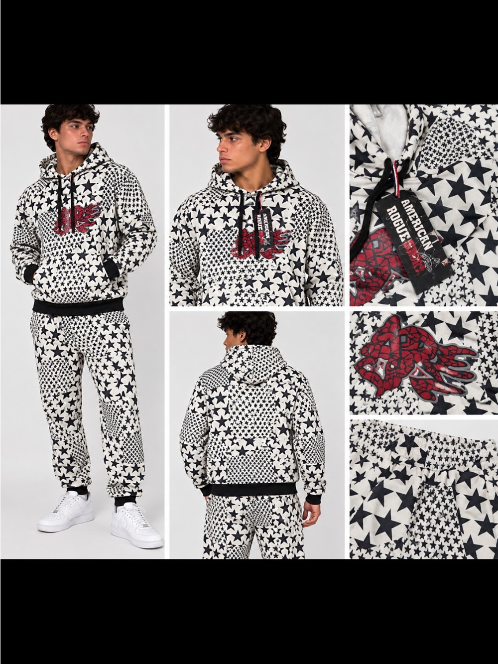 American Fighter Black & White Star Print Jumpsuit
